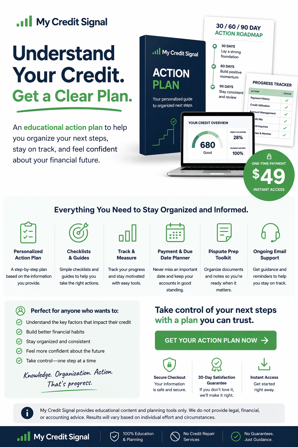 Build Better Credit — Starting Today 2 My Credit Signal Action Plan product overview showing 90-day action roadmap, progress tracker, and personalized credit guidance