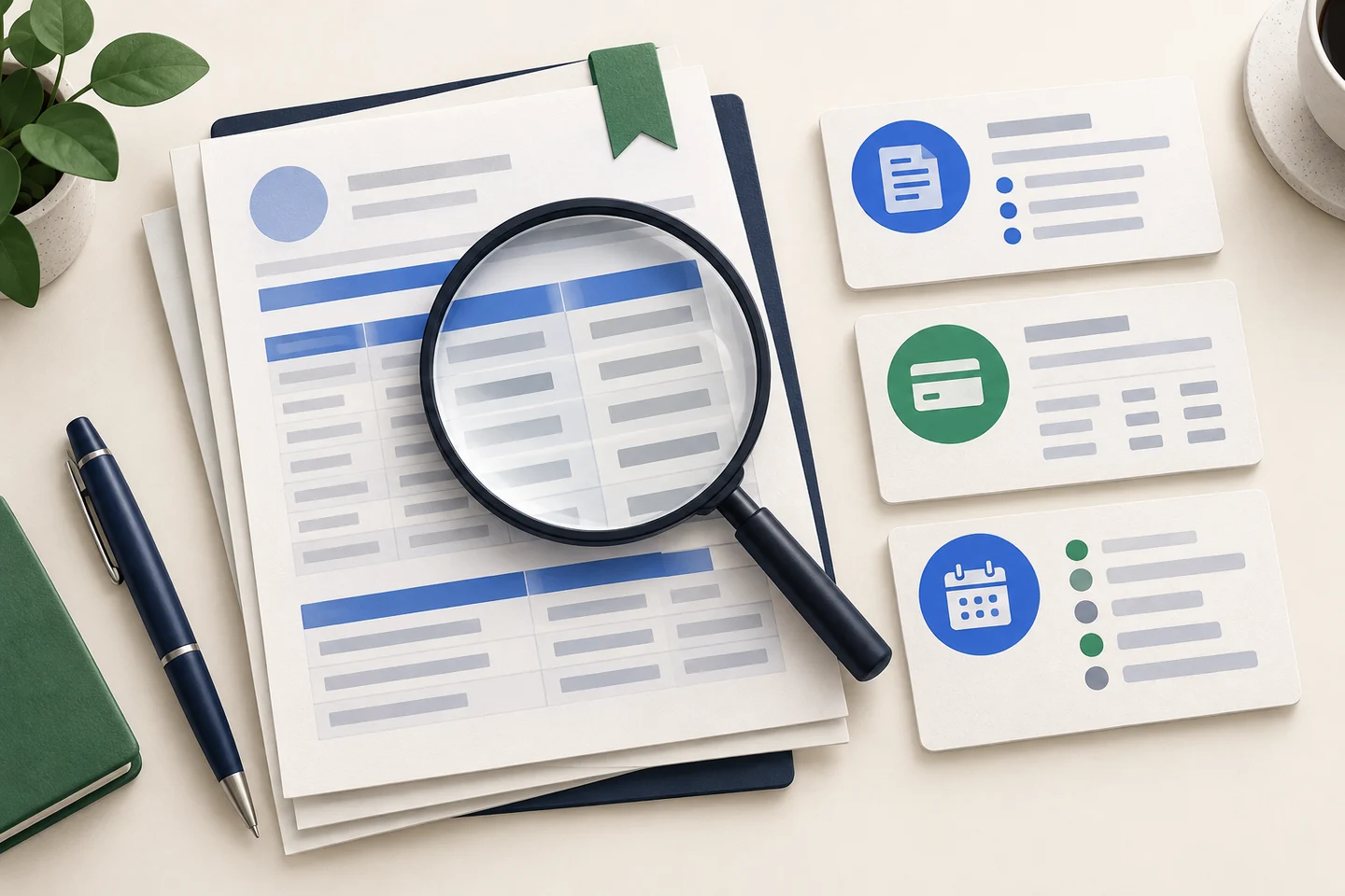 5 Top AI Credit Report Analyzers: Pros and Cons (2026) 1 Editorial illustration of a credit report, magnifying glass and organized account information cards.