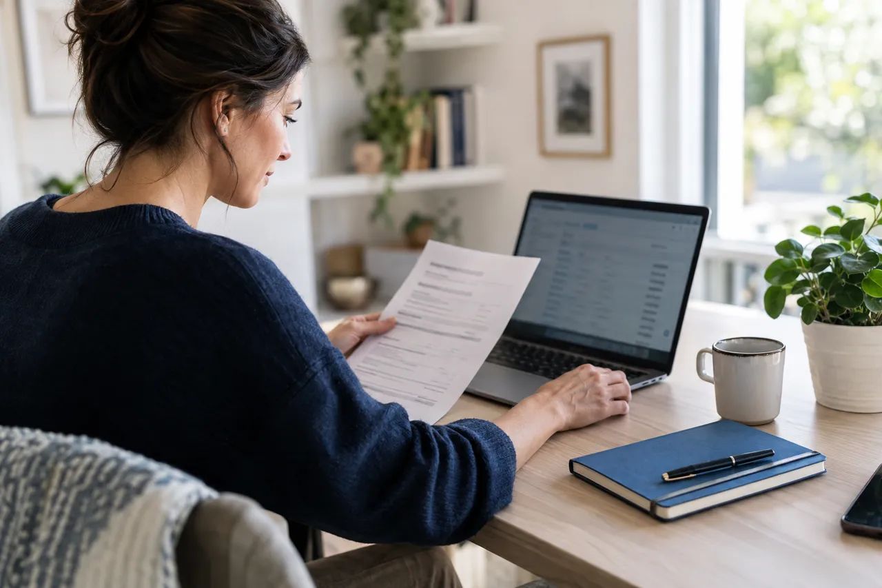 Woman reviewing a paper report beside a laptop at a bright home desk.