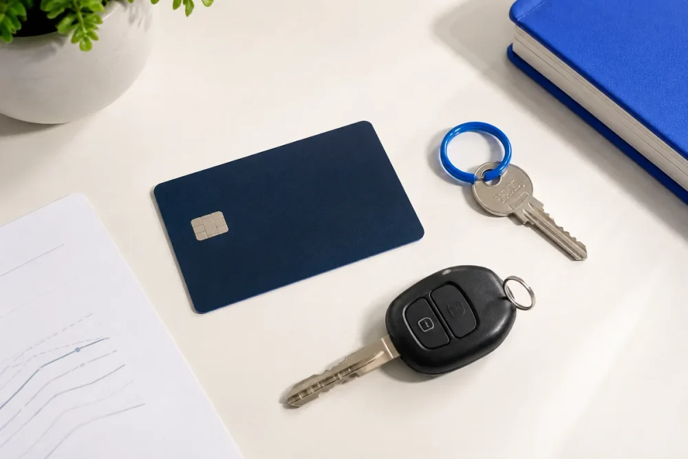 5 Top AI Credit Report Analyzers: Pros and Cons (2026) 5 Editorial illustration of a plain payment card, a car key and a house key representing different borrowing contexts.