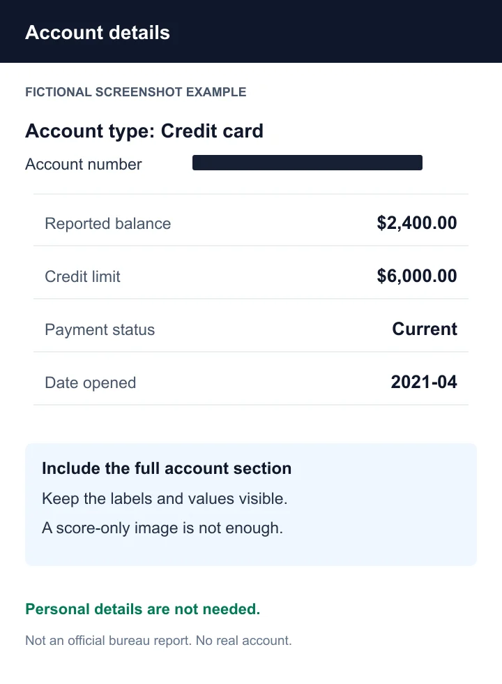 5 Top AI Credit Report Analyzers: Pros and Cons (2026) 7 Fictional account screenshot showing account type, balance, limit and status, with no real personal identifiers.