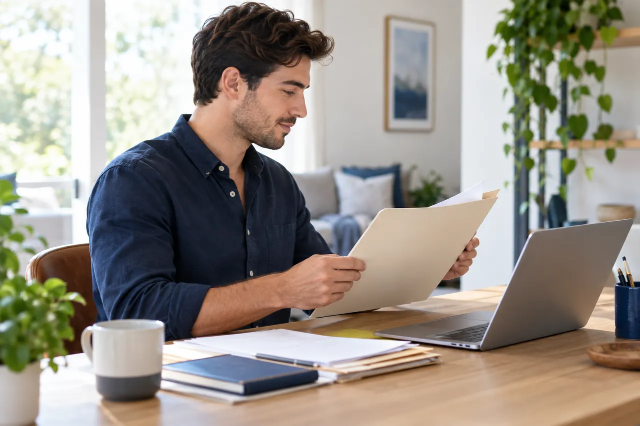 Man organizing documents beside a laptop in a home workspace.