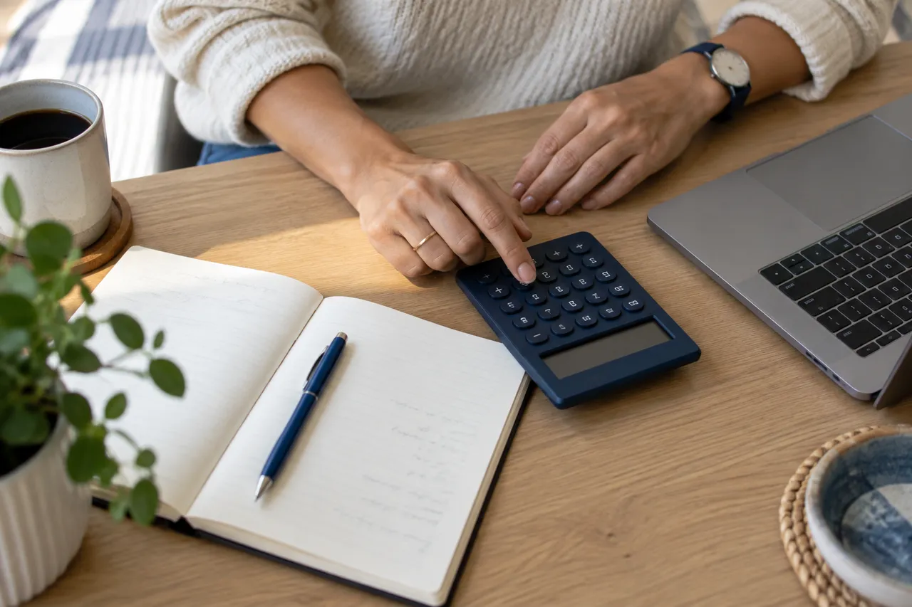 Hands using a calculator beside a notebook and laptop.