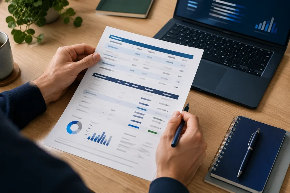 5 Top AI Credit Report Analyzers: Pros and Cons (2026) 3 Editorial illustration of someone reading a financial report beside a laptop.